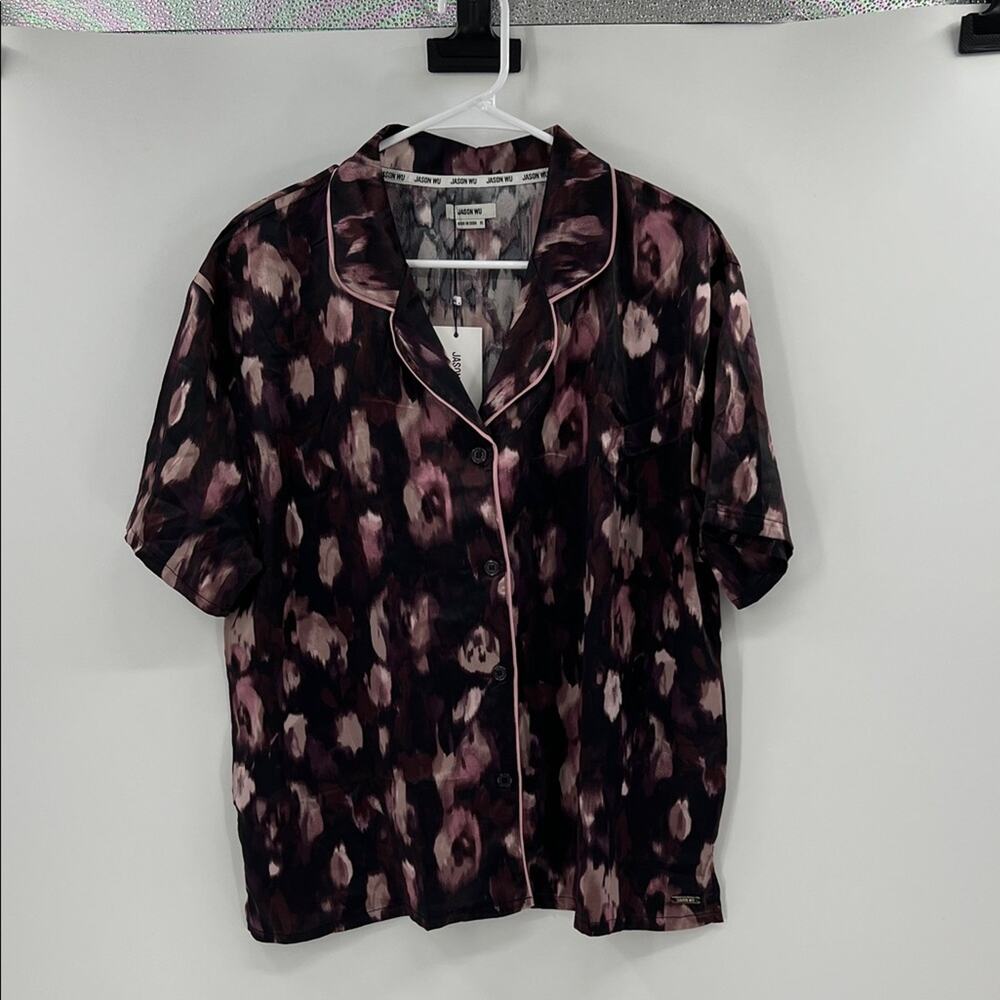 Jason Wu Women's Short Sleeve Button Down Sleep Top - Pink Multi - XL - NWT